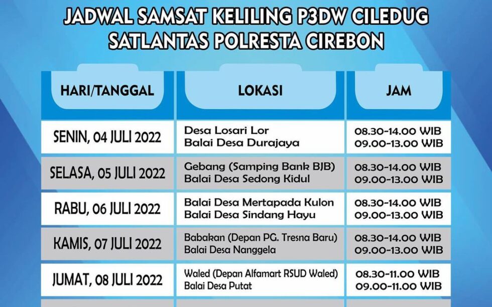 Jadwal Samsat Keliling P3DW Ciledug Kabupaten Cirebon, 4 Juli – 9 Juli 2022